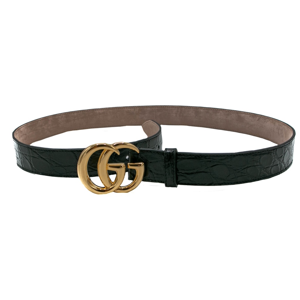 Guccin GG Marmont Leather Slim Black Belt with Shiny Buckle